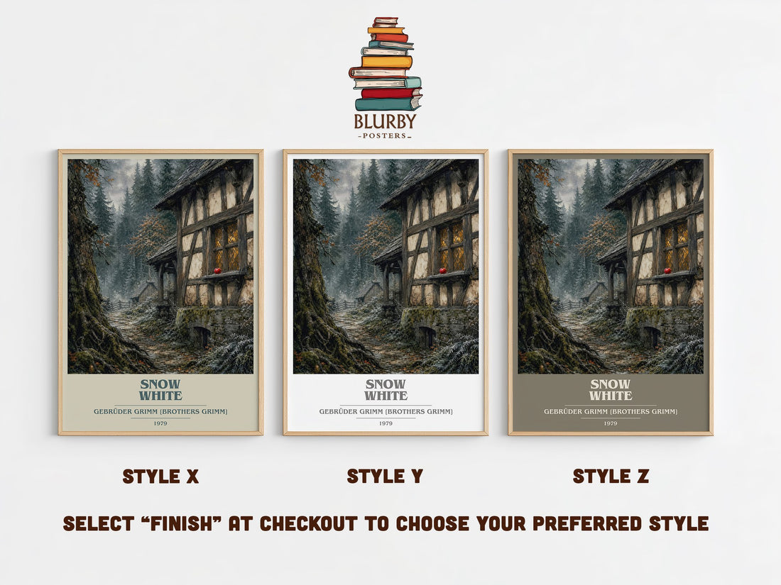 Snow White book cover print in frame leaning in hallway – childrens wall art (mockup)