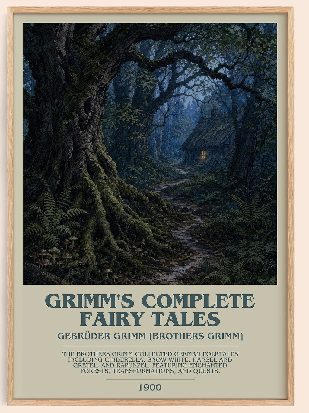 Grimm's Complete Fairy Tales bookish book poster by Gebrüder Grimm [Brothers Grimm] – framed literary art print