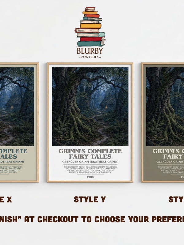 Grimm's Complete Fairy Tales bookish print in frame leaning in hallway – childrens wall art