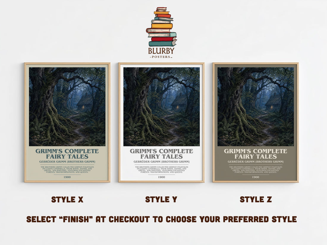 Grimm's Complete Fairy Tales bookish print in frame leaning in hallway – childrens wall art (mockup)