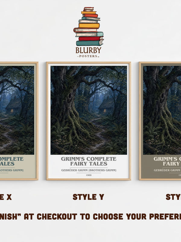 Grimm's Complete Fairy Tales book cover print in frame leaning in hallway – childrens wall art