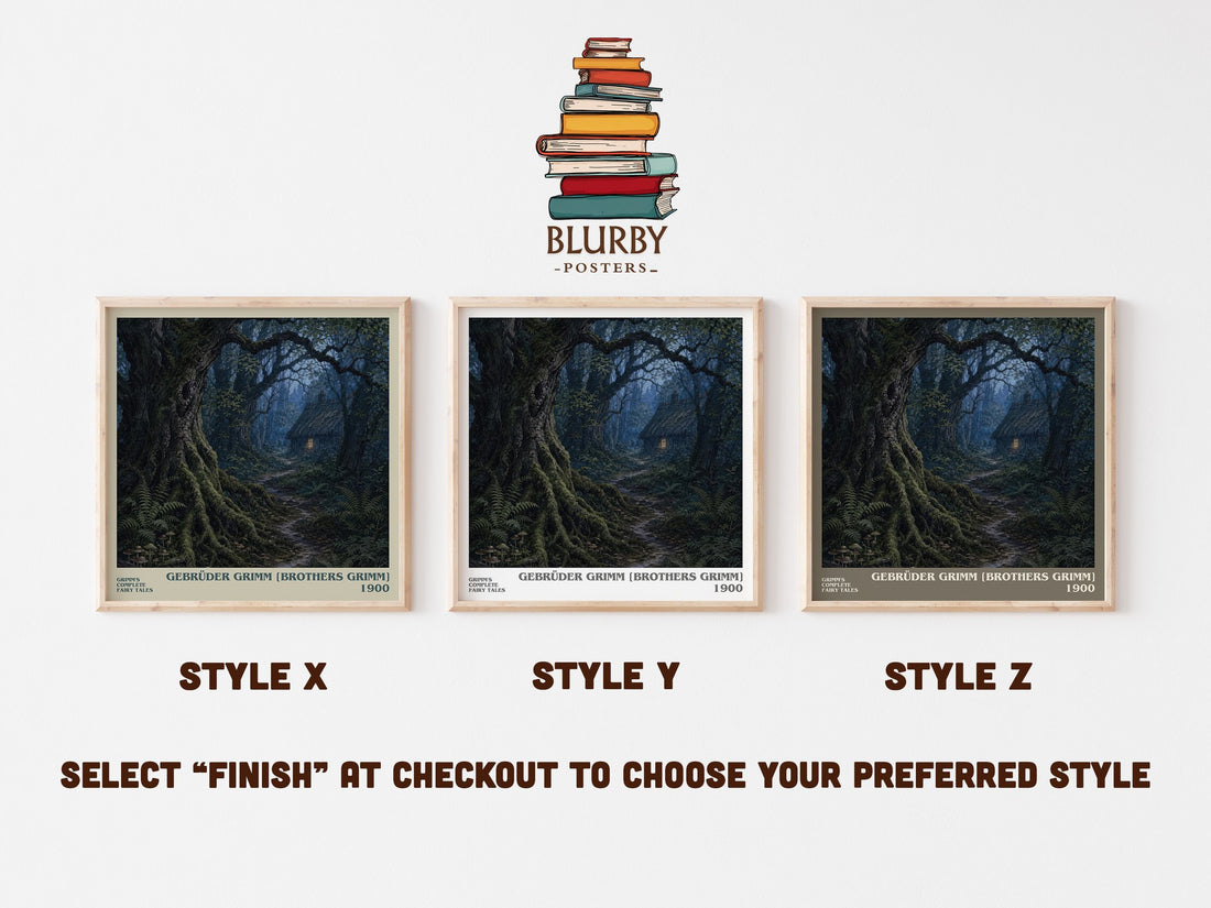 Grimm's Complete Fairy Tales literary print in frame leaning in hallway – childrens wall art (mockup)