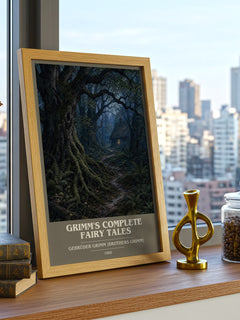 Grimm's Complete Fairy Tales book cover print framed by window – literary home decor