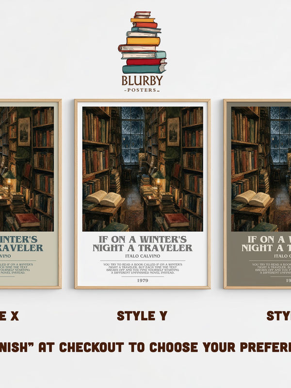 If on a Winter's Night a Traveler bookish print in frame leaning in hallway – literary fiction wall art