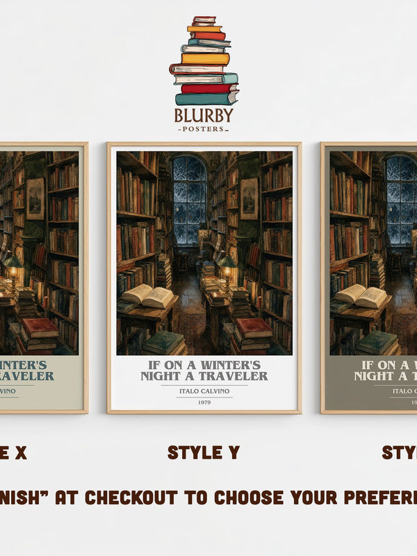If on a Winter's Night a Traveler book cover print in frame leaning in hallway – literary fiction wall art