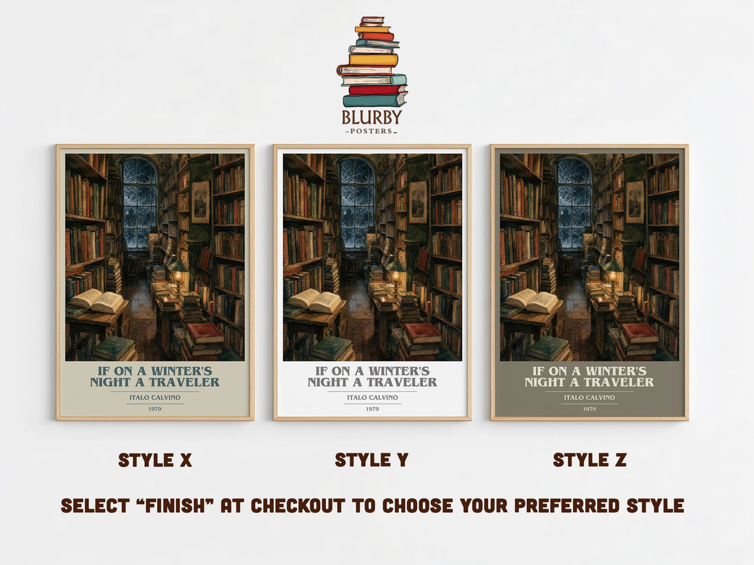 If on a Winter's Night a Traveler book cover print in frame leaning in hallway – literary fiction wall art (mockup)