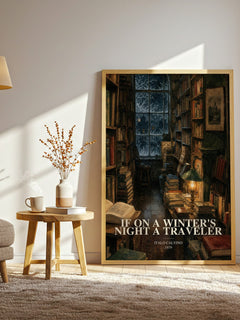 If on a Winter's Night a Traveler watercolour print in frame leaning in hallway – literary fiction wall art