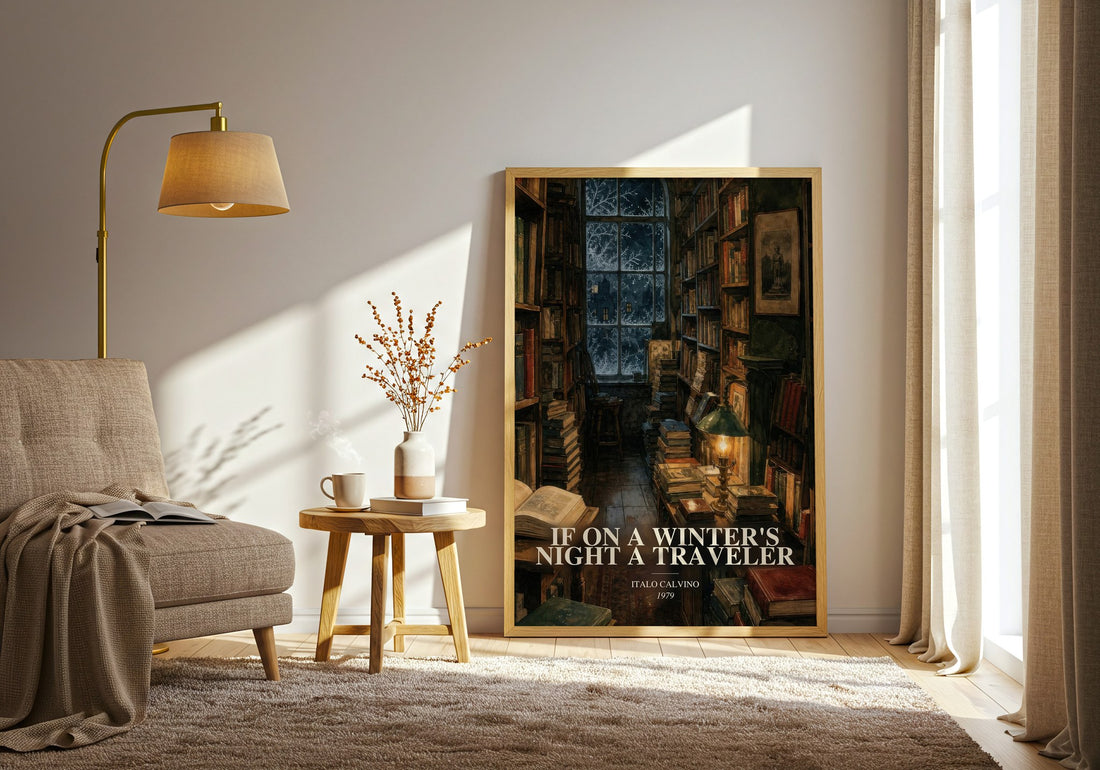 If on a Winter's Night a Traveler watercolour print in frame leaning in hallway – literary fiction wall art
