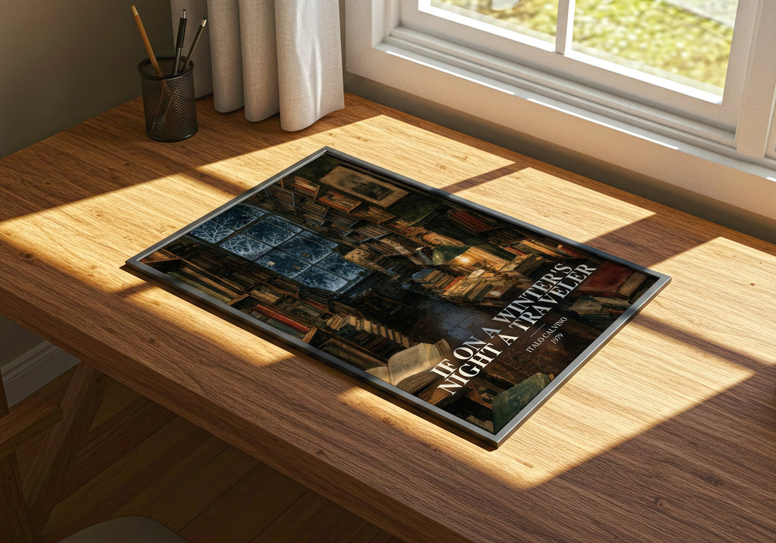 If on a Winter's Night a Traveler watercolour book poster framed on wall – literary fiction wall art