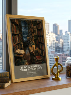 If on a Winter's Night a Traveler book cover print framed by window – literary home decor