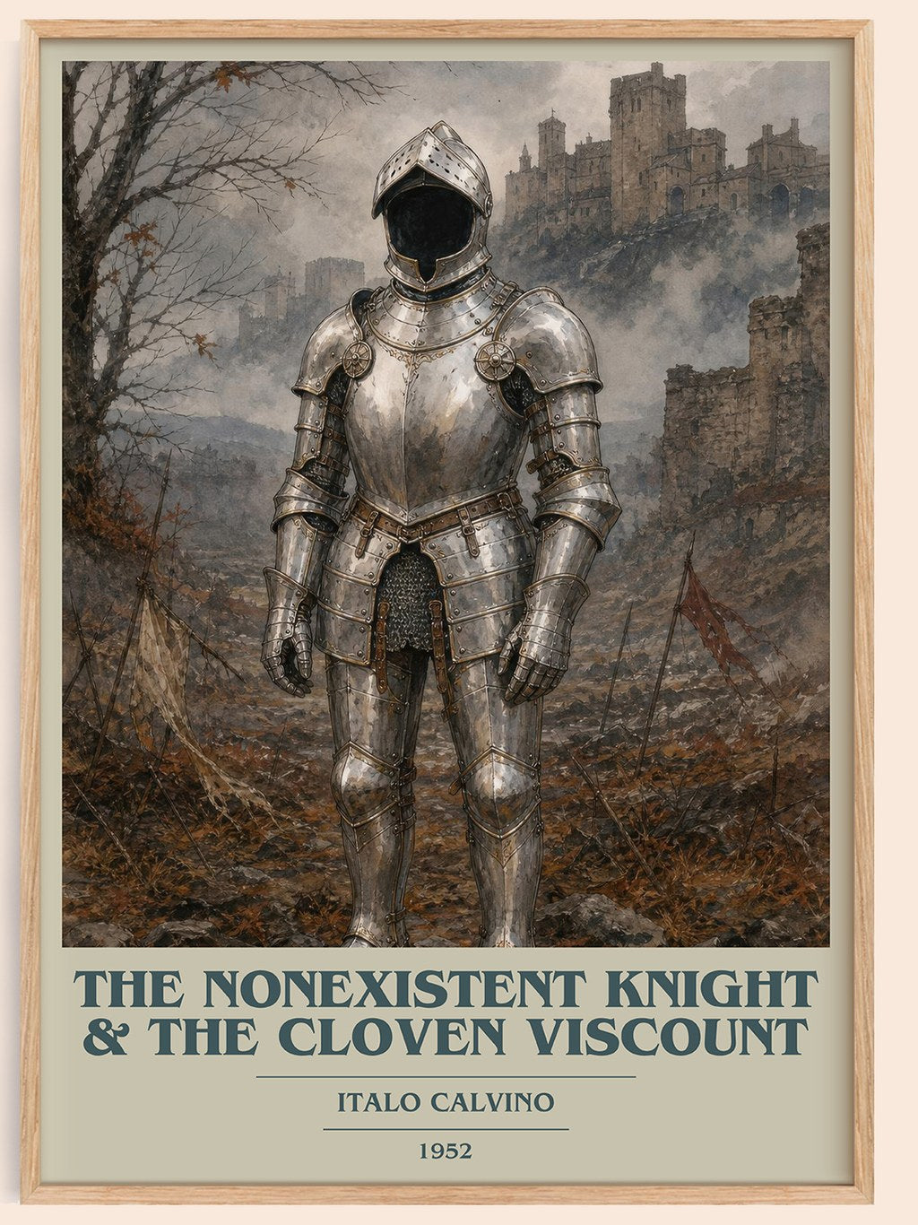 The nonexistent knight & The cloven viscount book cover book poster by Italo Calvino – framed literary art print