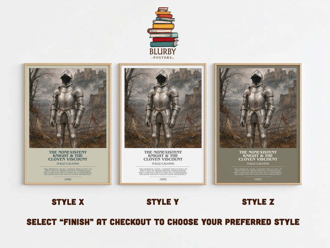 The nonexistent knight & The cloven viscount bookish print in frame leaning in hallway – literary fiction wall art (mockup)