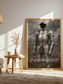 The nonexistent knight & The cloven viscount watercolour print in frame leaning in hallway – literary fiction wall art