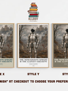The nonexistent knight & The cloven viscount book cover print in frame leaning in hallway – literary fiction wall art