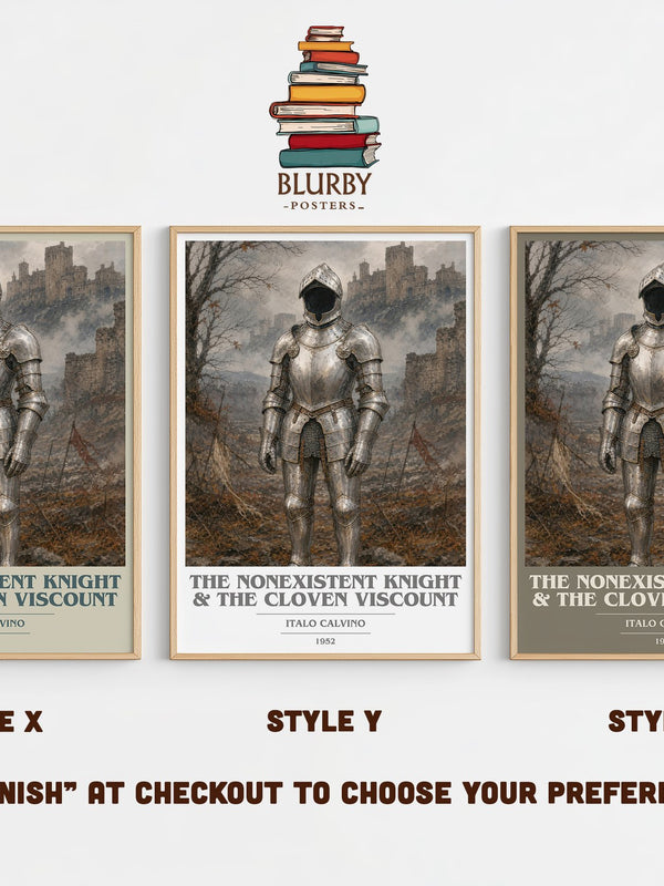 The nonexistent knight & The cloven viscount book cover print in frame leaning in hallway – literary fiction wall art