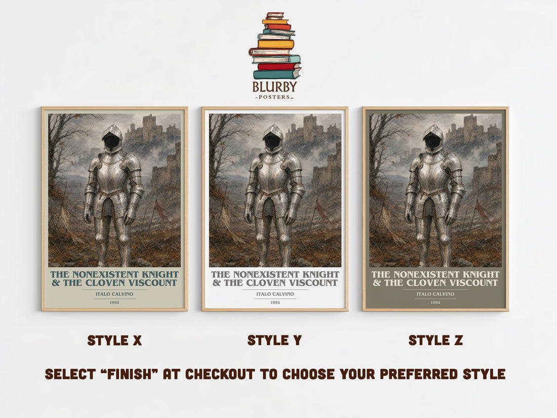 The nonexistent knight & The cloven viscount book cover print in frame leaning in hallway – literary fiction wall art (mockup)