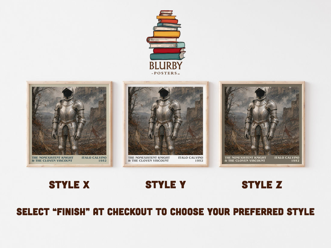 The nonexistent knight & The cloven viscount literary print in frame leaning in hallway – literary fiction wall art (mockup)