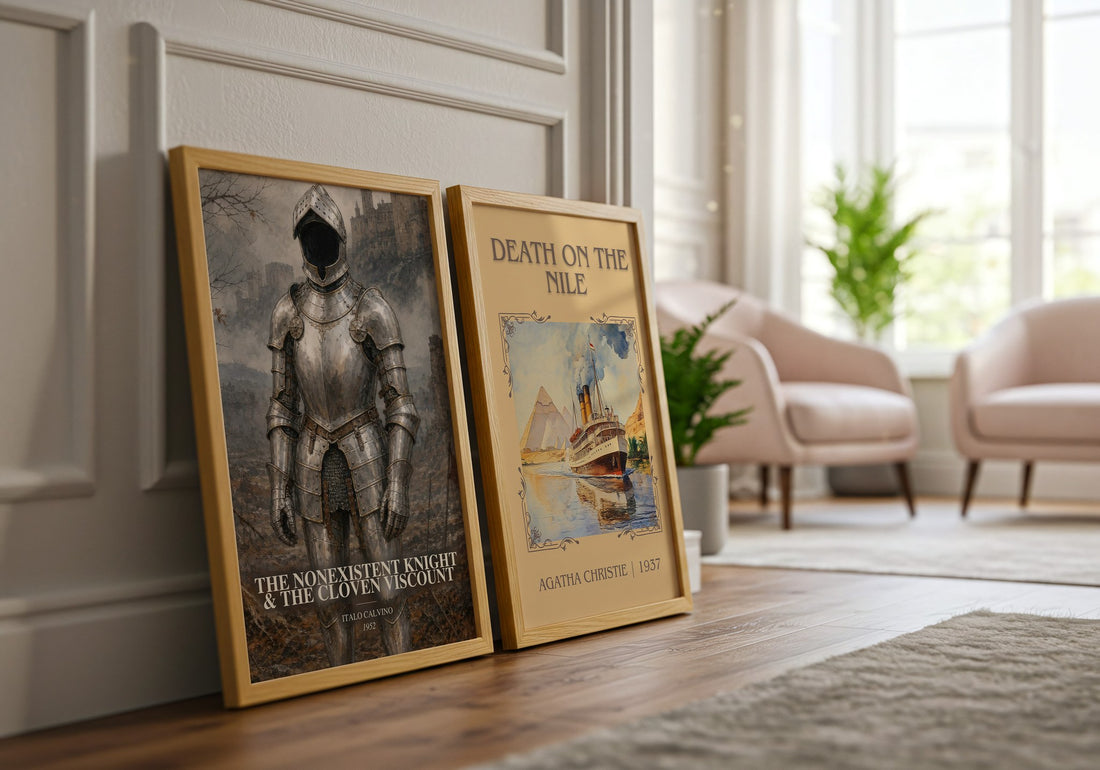 The nonexistent knight & The cloven viscount watercolour print framed by window – literary home decor