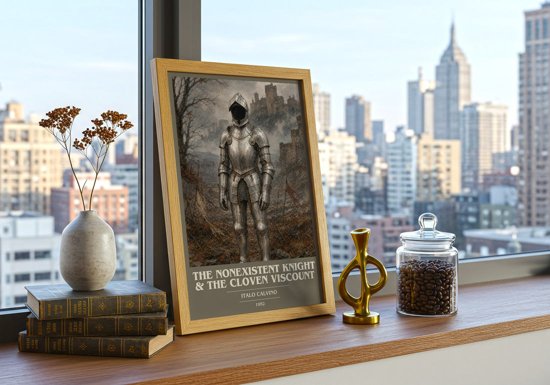 The nonexistent knight & The cloven viscount book cover print framed by window – literary home decor