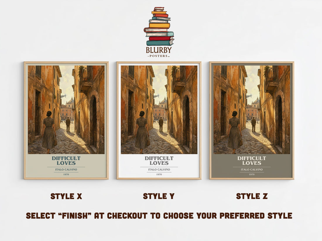 Difficult loves book cover print in frame leaning in hallway – literary fiction wall art (mockup)