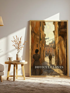 Difficult loves watercolour print in frame leaning in hallway – literary fiction wall art