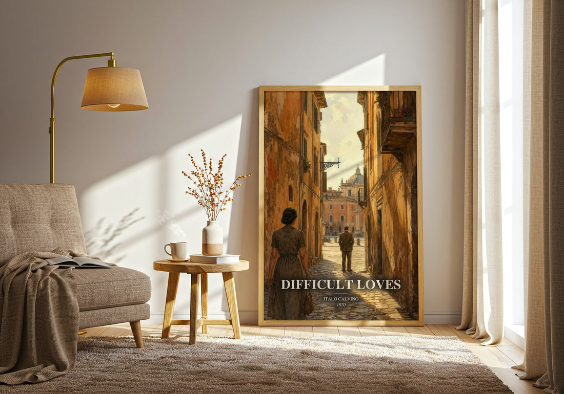 Difficult loves watercolour print in frame leaning in hallway – literary fiction wall art