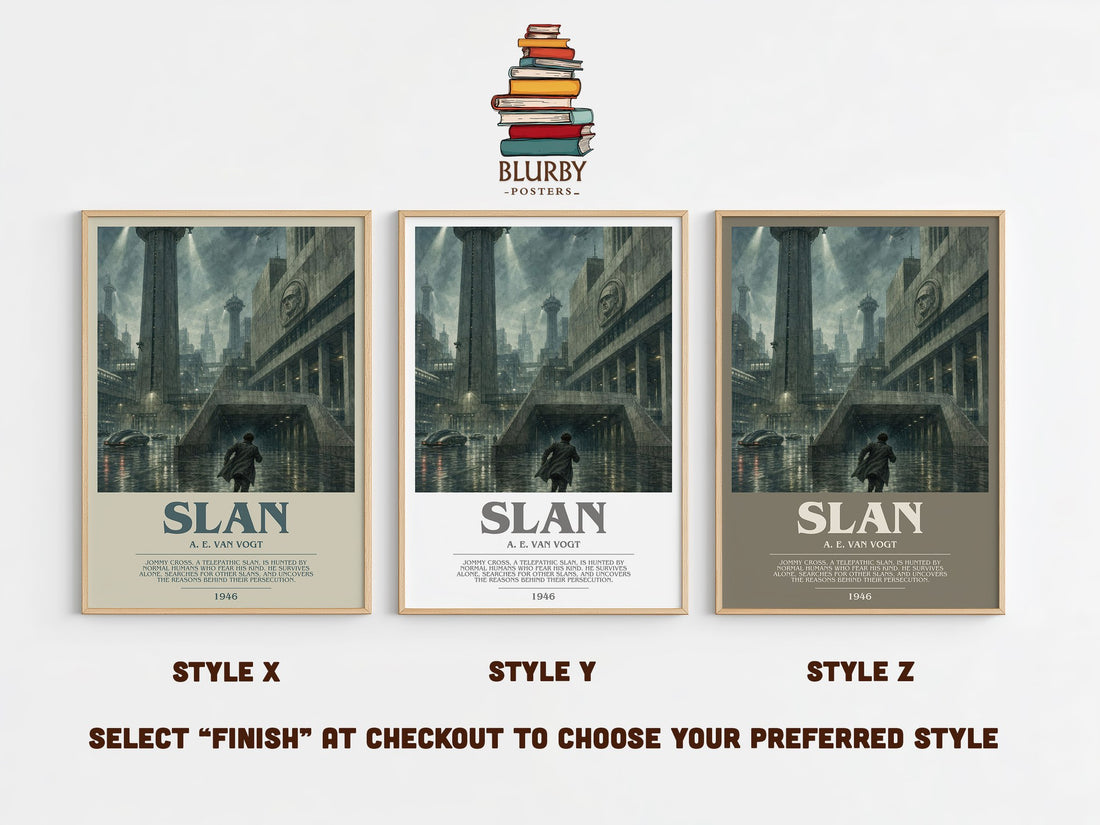 Slan bookish print in frame leaning in hallway – sci fi wall art (mockup)
