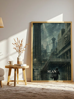 Slan watercolour print in frame leaning in hallway – sci fi wall art
