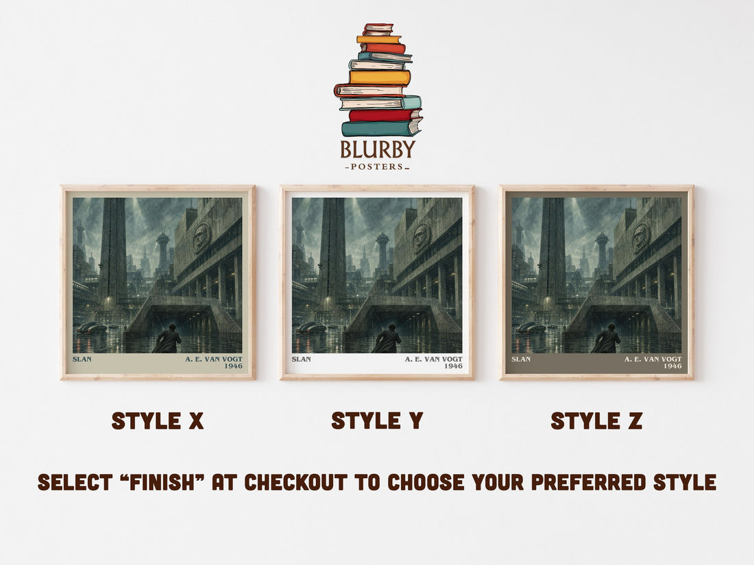 Slan literary print in frame leaning in hallway – sci fi wall art (mockup)