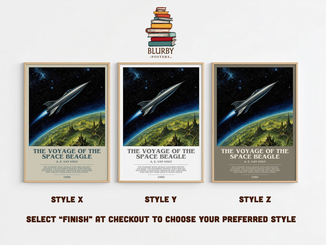 The Voyage of the Space Beagle bookish print in frame leaning in hallway – sci fi wall art (mockup)
