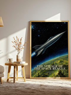 The Voyage of the Space Beagle watercolour print in frame leaning in hallway – sci fi wall art