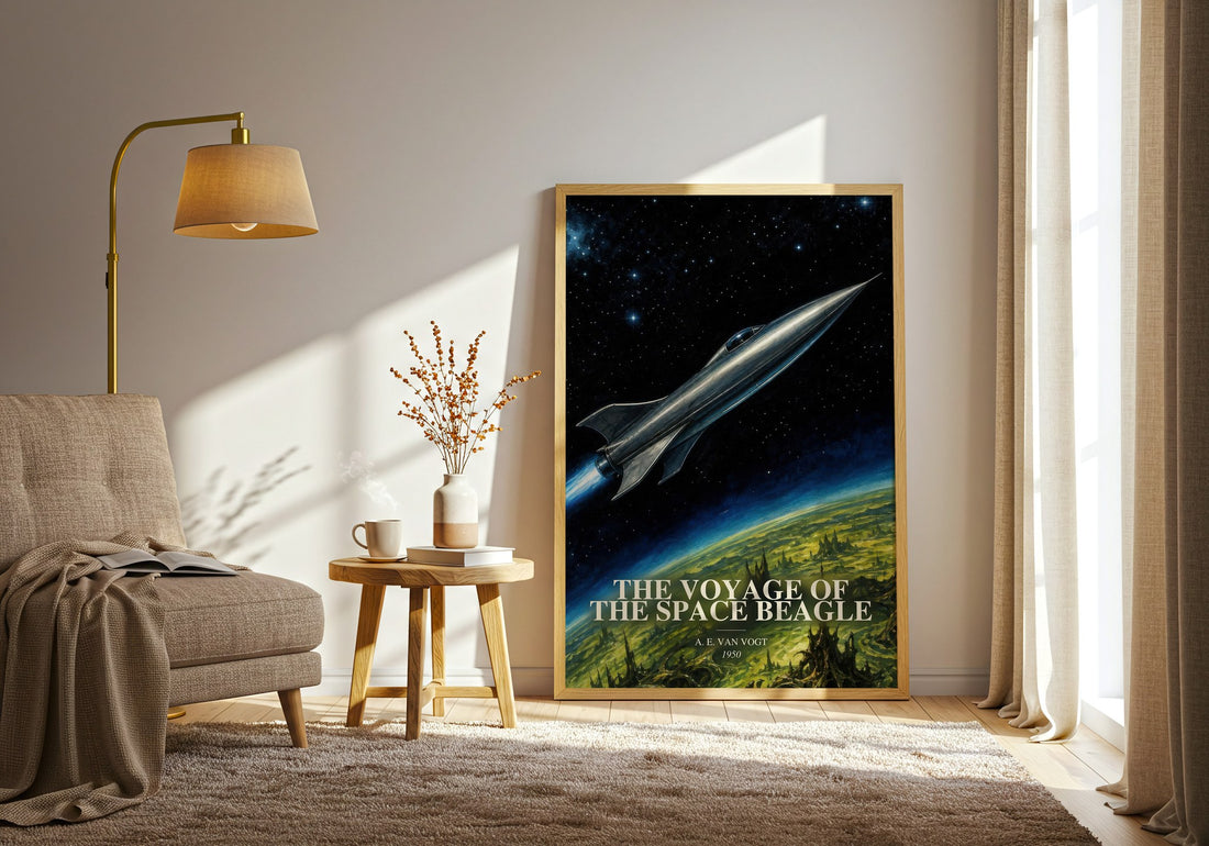 The Voyage of the Space Beagle watercolour print in frame leaning in hallway – sci fi wall art