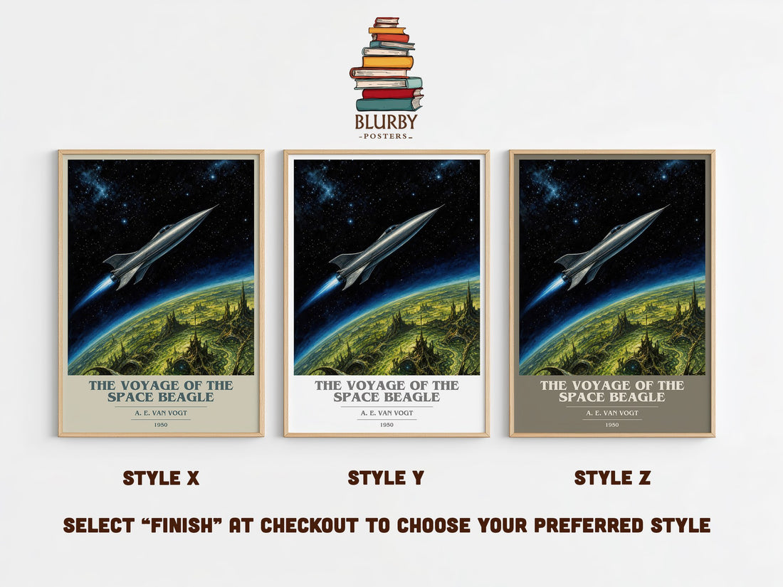 The Voyage of the Space Beagle book cover print in frame leaning in hallway – sci fi wall art (mockup)