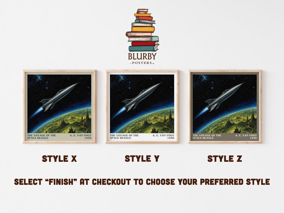 The Voyage of the Space Beagle literary print in frame leaning in hallway – sci fi wall art (mockup)