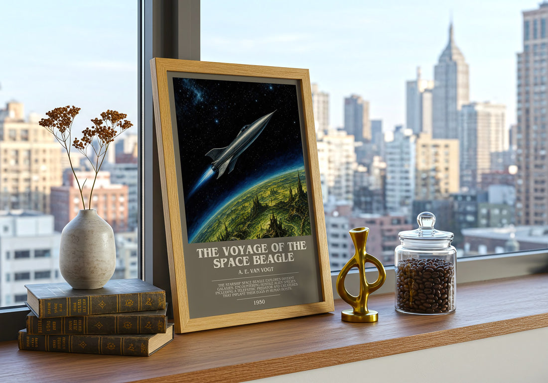 The Voyage of the Space Beagle bookish print framed by window – literary home decor