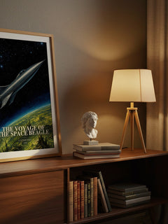 The Voyage of the Space Beagle watercolour print on bookshelf – A. E. van Vogt fan gift