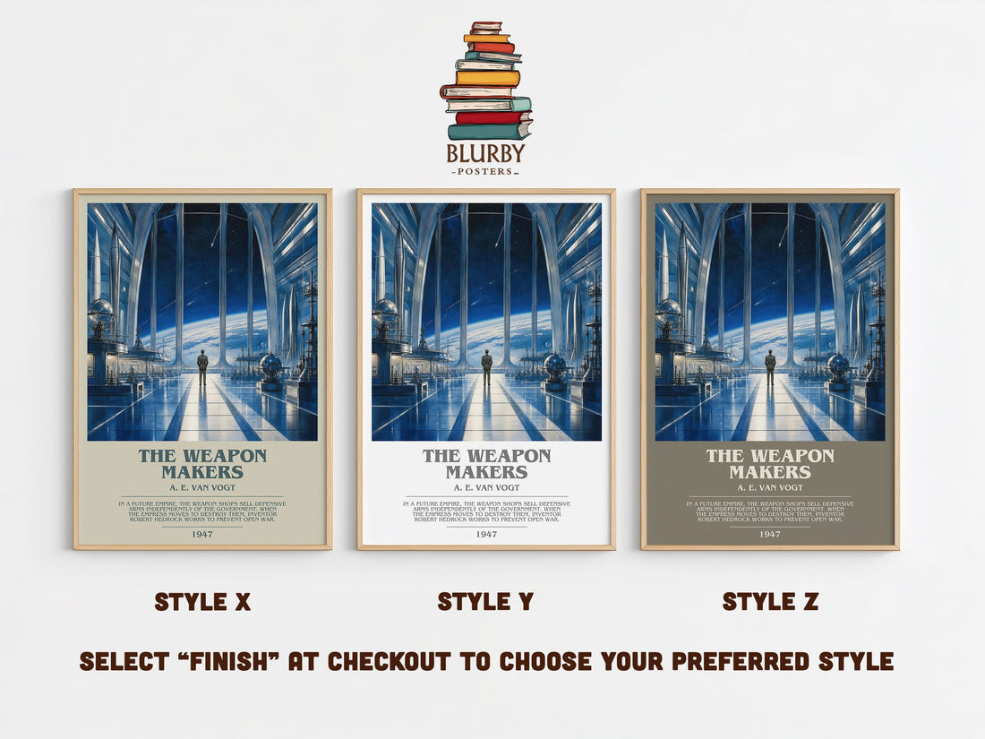 The Weapon Makers bookish print in frame leaning in hallway – sci fi wall art (mockup)