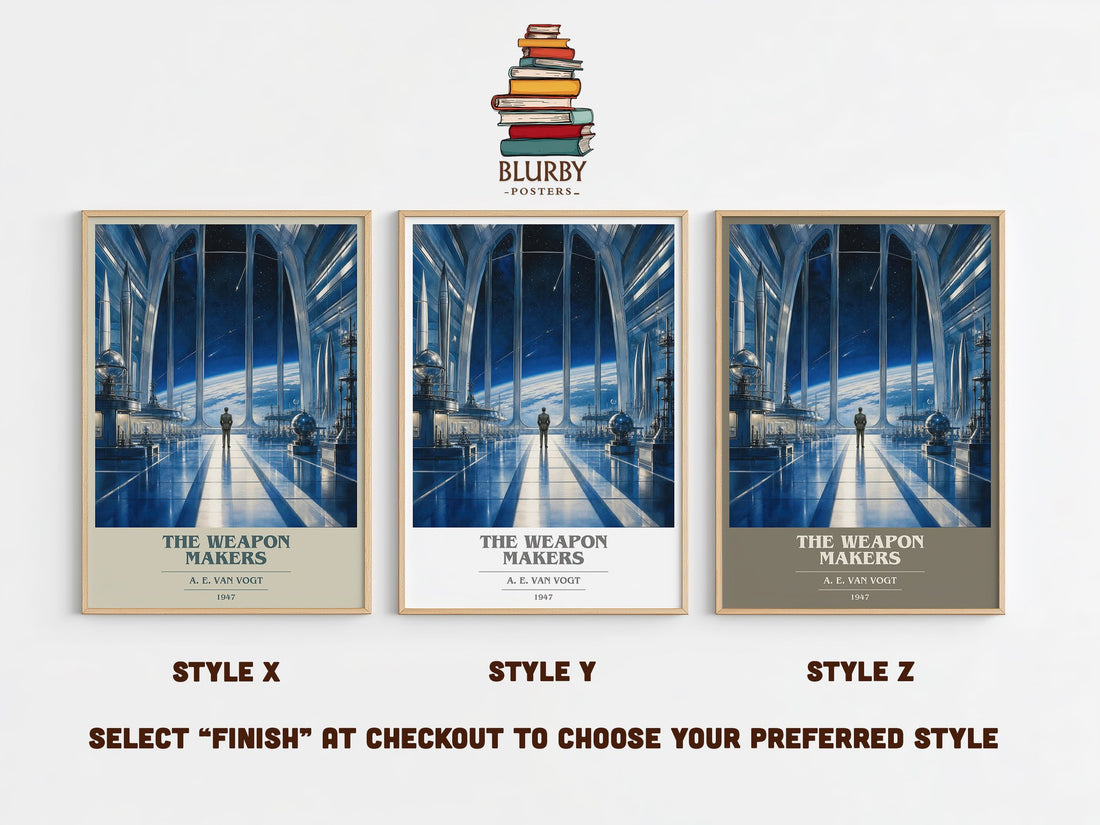 The Weapon Makers book cover print in frame leaning in hallway – sci fi wall art (mockup)