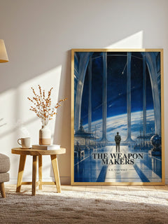 The Weapon Makers watercolour print in frame leaning in hallway – sci fi wall art