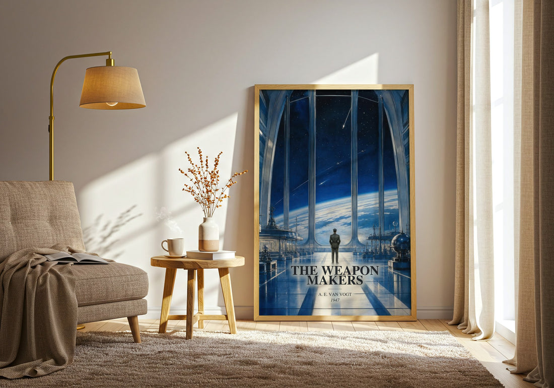 The Weapon Makers watercolour print in frame leaning in hallway – sci fi wall art