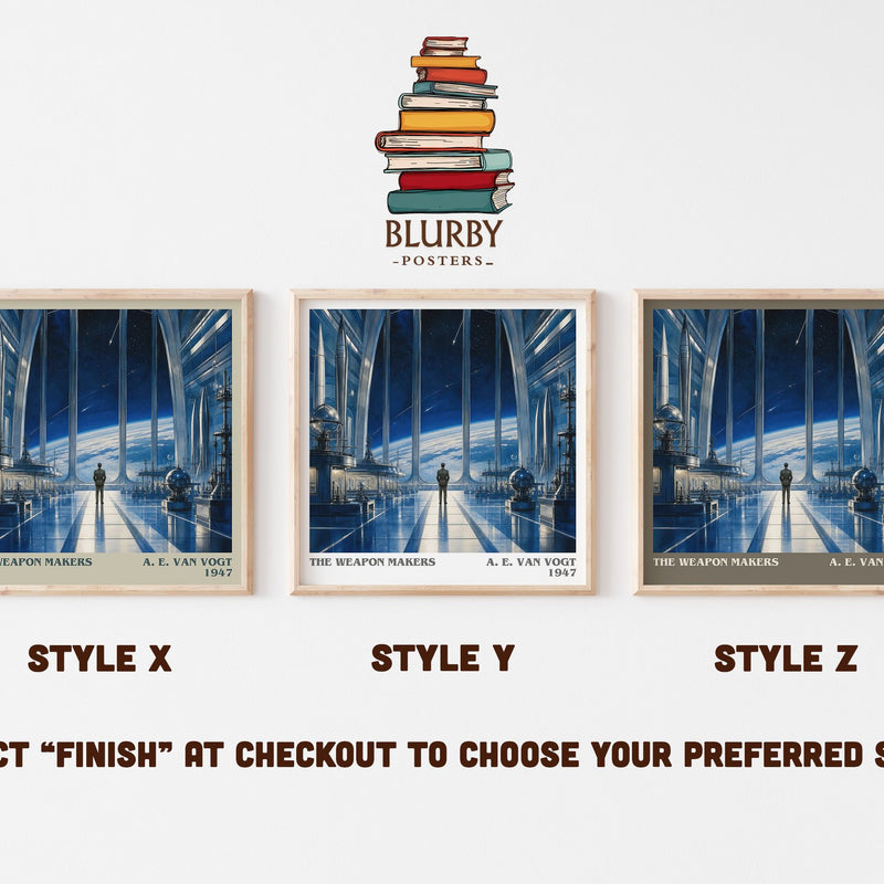 The Weapon Makers literary print in frame leaning in hallway – sci fi wall art