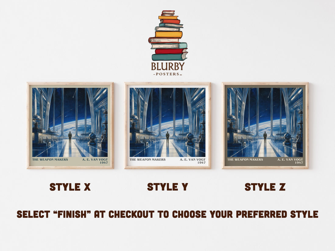 The Weapon Makers literary print in frame leaning in hallway – sci fi wall art (mockup)