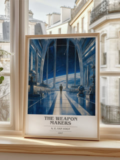 The Weapon Makers Book Cover Poster by A. E. van Vogt – framed print by a bright window