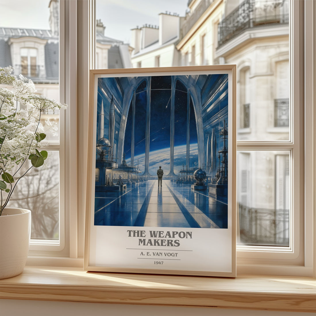 The Weapon Makers Book Cover Poster by A. E. van Vogt – framed print by a bright window