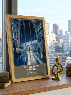 The Weapon Makers Book Cover Poster by A. E. van Vogt – framed print on a city-view windowsill
