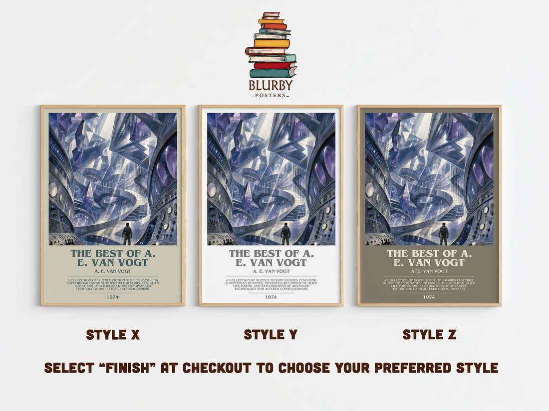The Best of A. E. van Vogt bookish print in frame leaning in hallway – sci fi wall art (mockup)