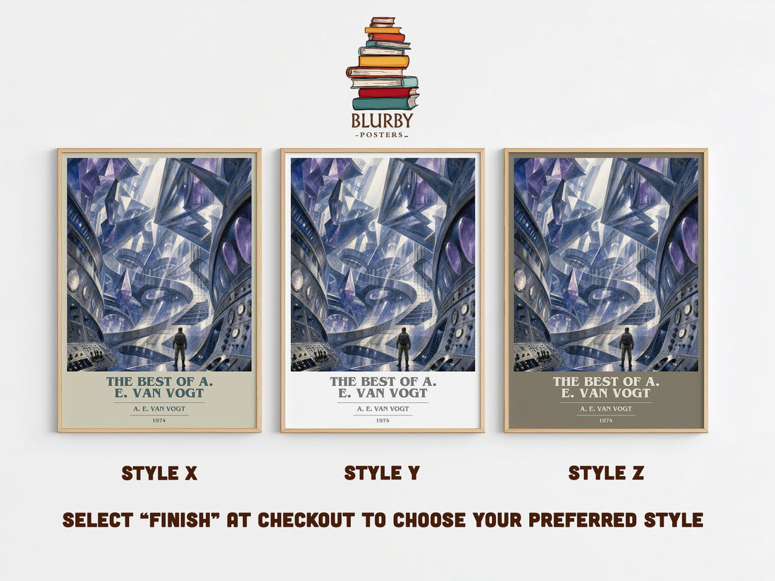 The Best of A. E. van Vogt book cover print in frame leaning in hallway – sci fi wall art (mockup)