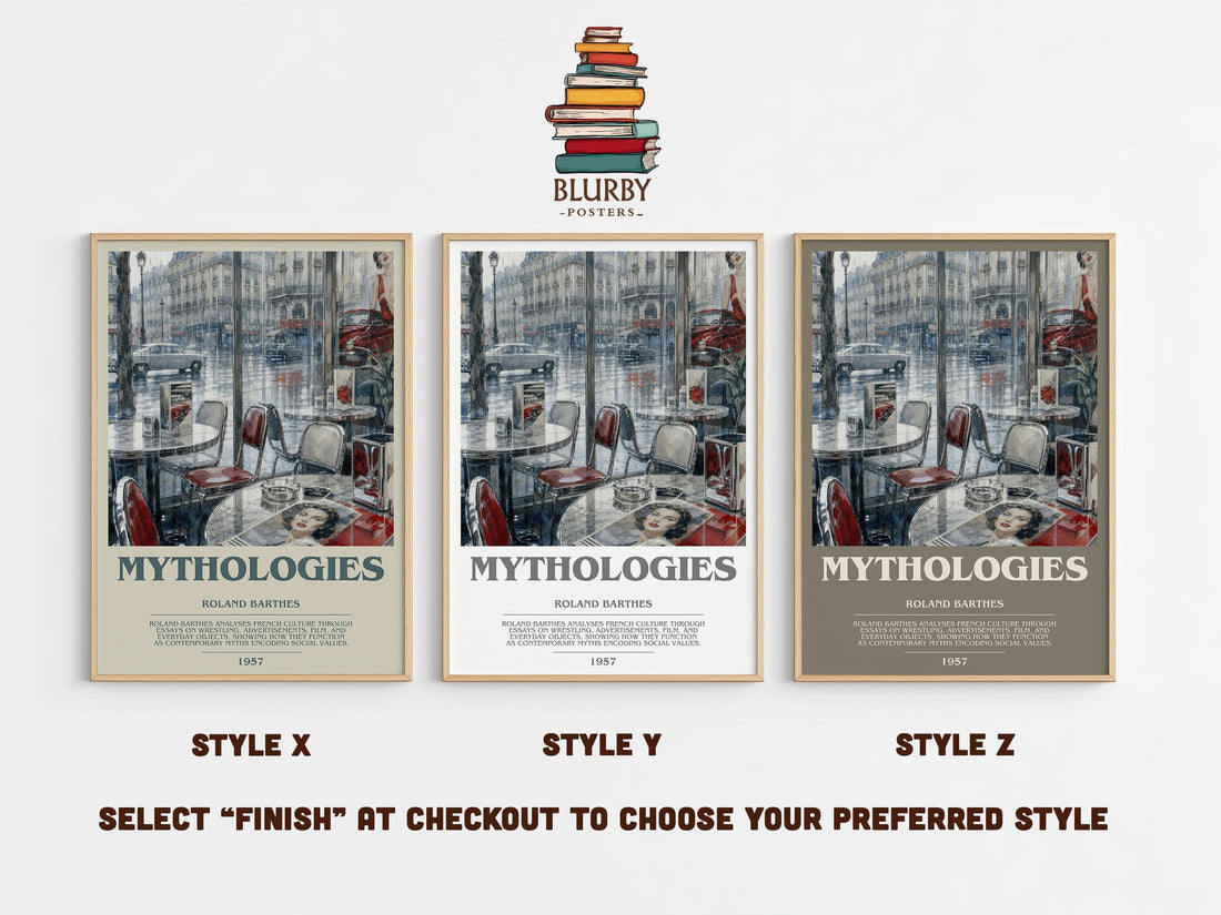 Mythologies bookish print in frame leaning in hallway – philosophy wall art (mockup)