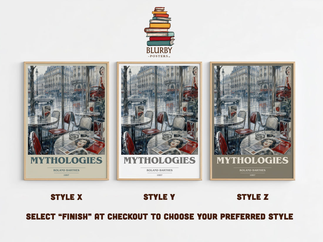 Mythologies book cover print in frame leaning in hallway – philosophy wall art (mockup)