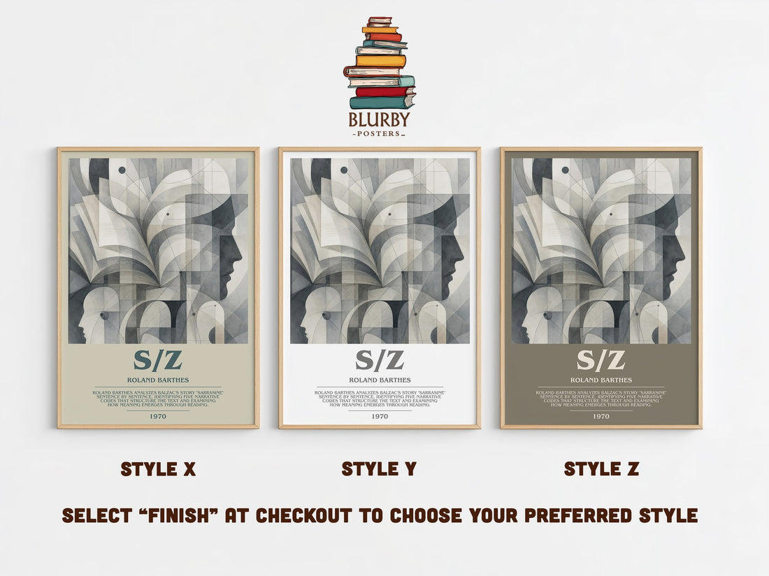 S/Z bookish print in frame leaning in hallway – non fiction wall art (mockup)